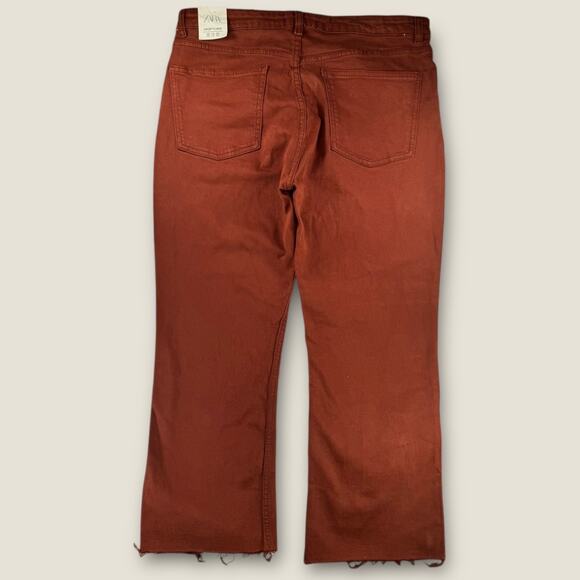 NWT Zara Womens 12 Crop Flare Jeans High Rise Raw Hem Rust Brown - Picture 7 of 7